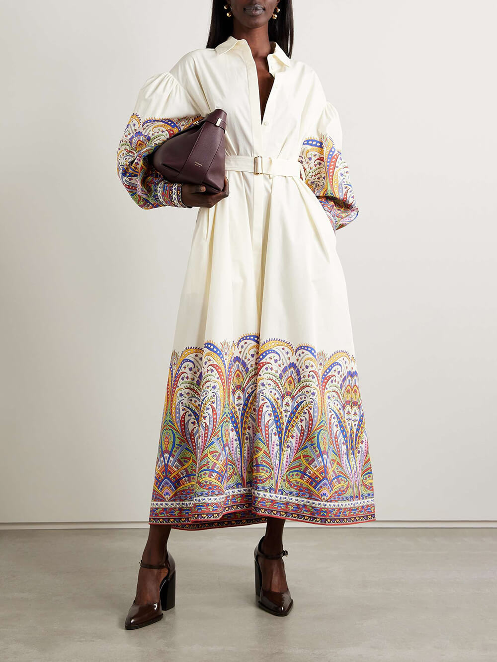 Robe chemise mi-longue à manches lanternes et imprimé cachemire rétro