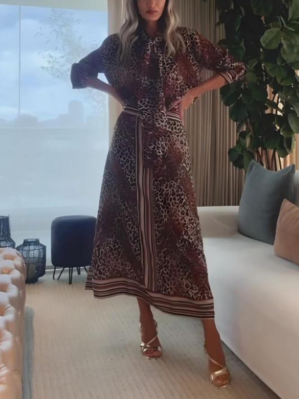 Retro Classic Leopard Print Patchwork Elastic Waist Midi Skirt