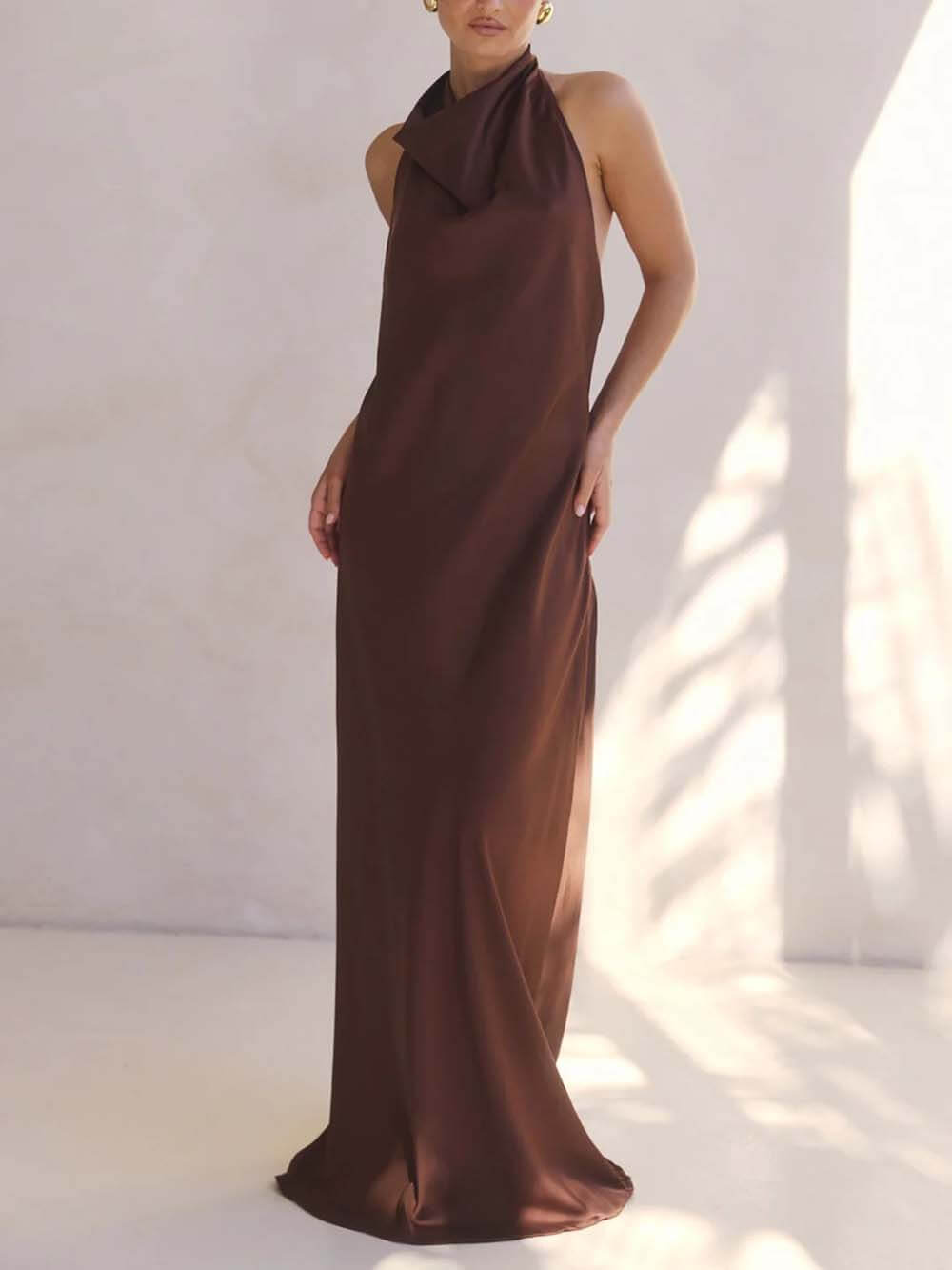 Elegant Halter Draped Neck Satin Backless Maxi Dress