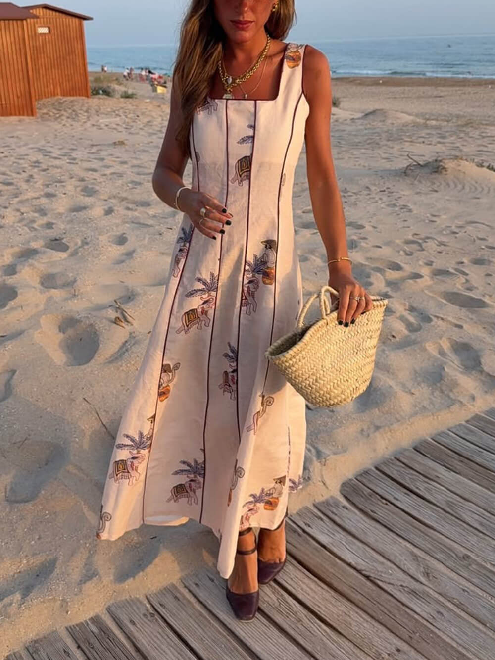 Elegantes A-Linien-Midikleid mit Patchwork-Print und quadratischem Ausschnitt