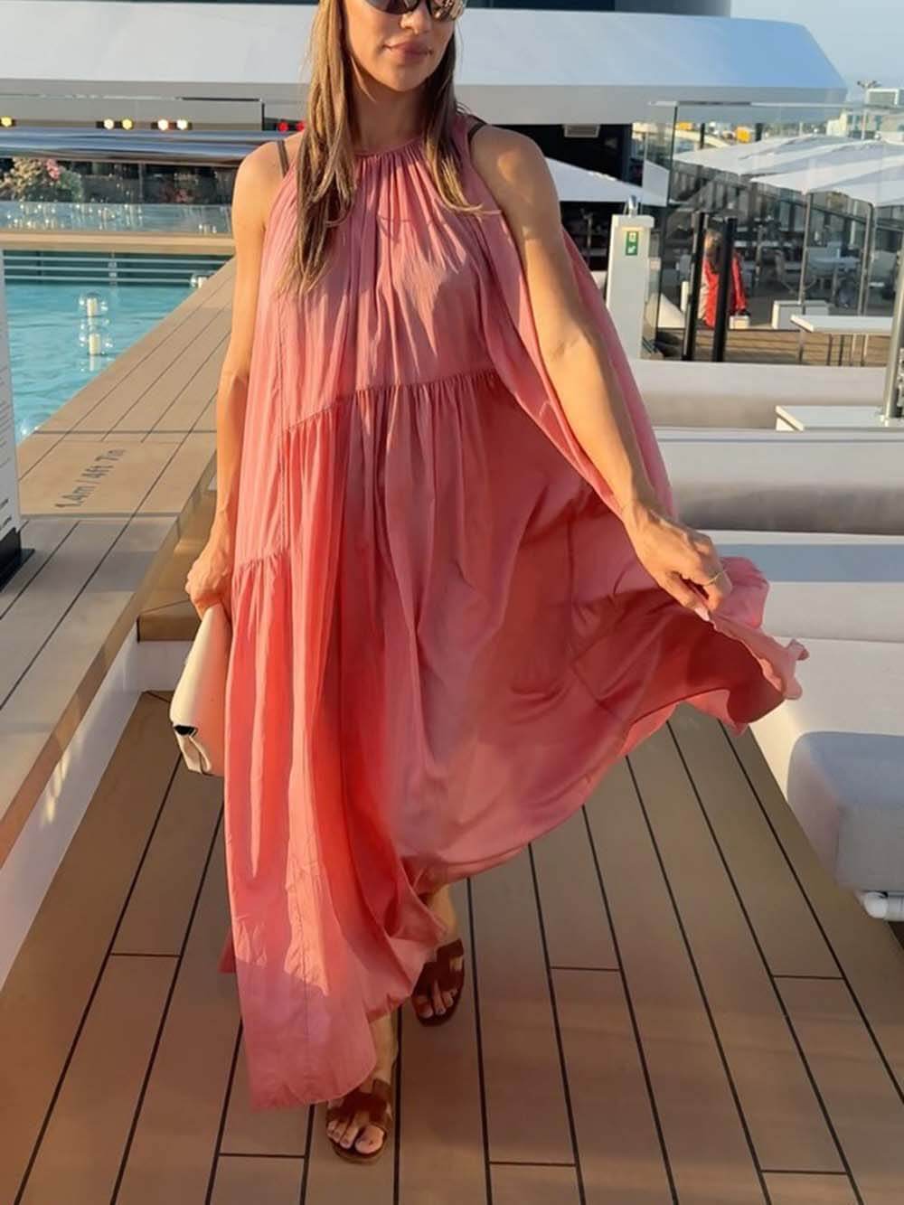 Elegant Ruched Patchwork Sleeveless Vacation Maxi Dress