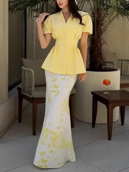 Elegant V-neck Waisted Puff Sleeve Shirt