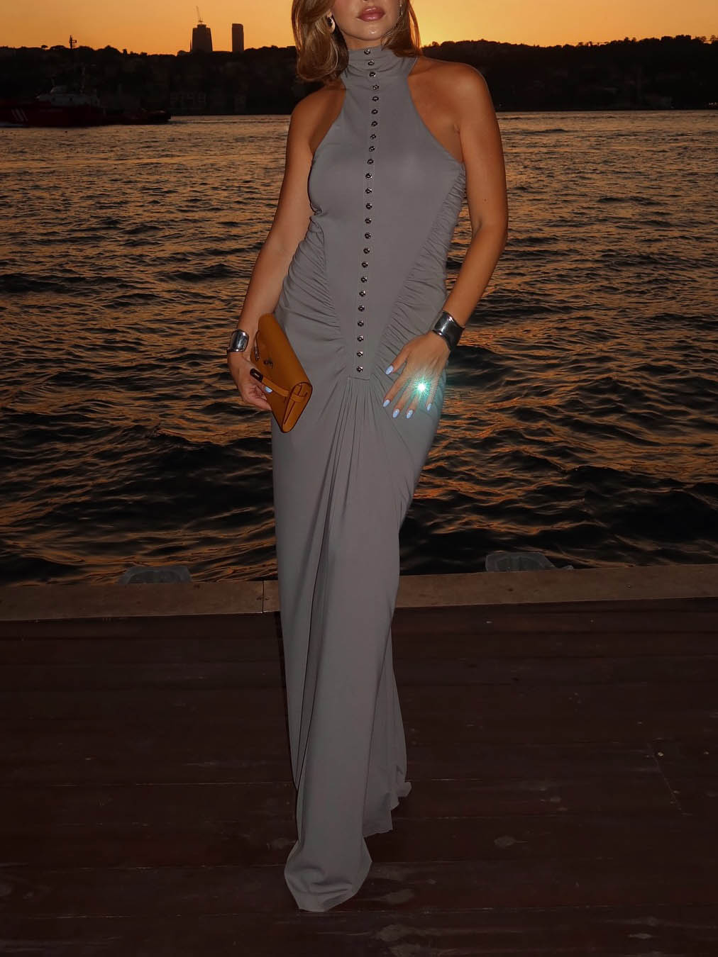 Elegant Multi-button Draped Fitted Maxi Dress