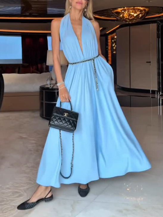 Elegant Halter Neck Flowing Maxi Dress