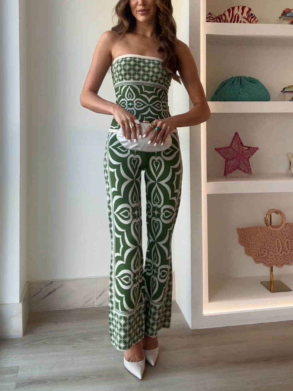Slim-Fit-Hose aus Stretch-Strick-Jacquard mit Kachelmuster im Frühlings-Look