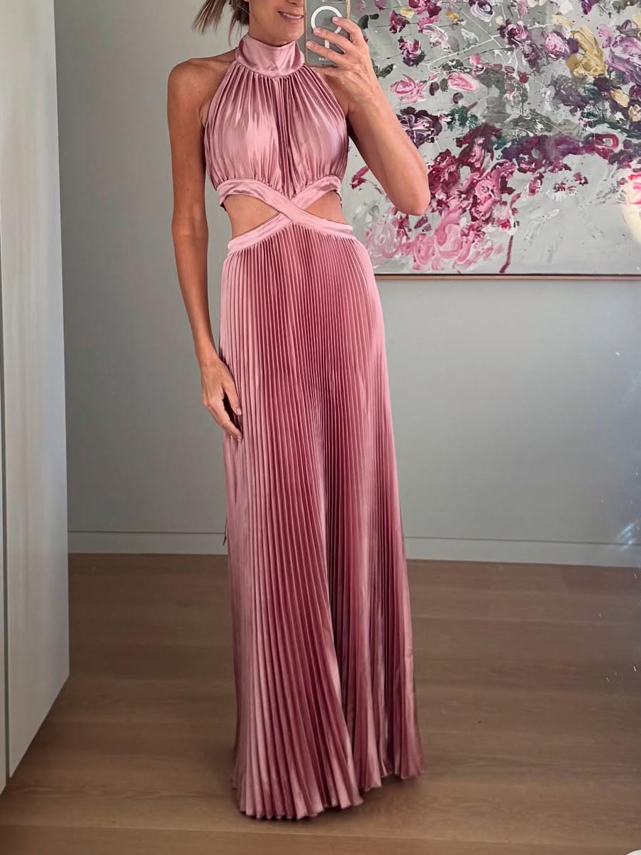 Elegant High-neck Halterneck Satin Pleated Maxi Dress