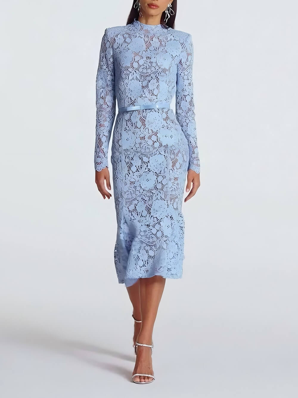 Elegantes langärmliges Meerjungfrau-Midikleid mit Spitzengürtel