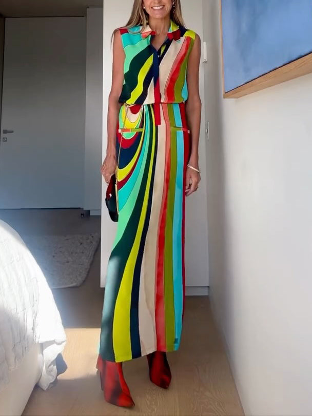 Robe longue sans manches à rayures irrégulières peintes uniques
