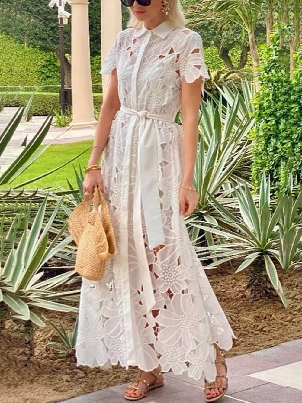 Robe longue d'été décontractée en dentelle à simple boutonnage