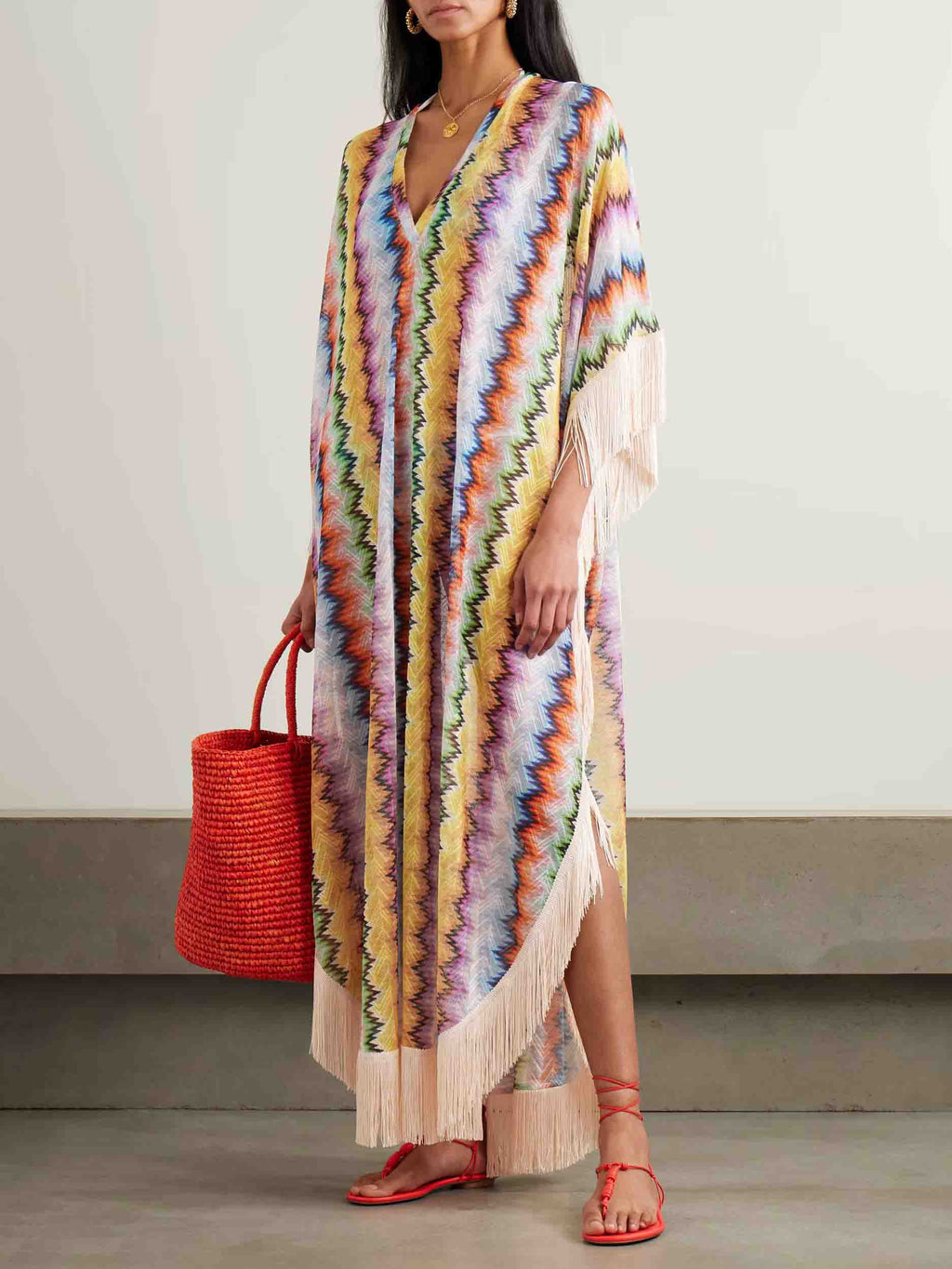 Exquisites mehrfarbiges Chevron-Fransen-Kaftan-Maxikleid