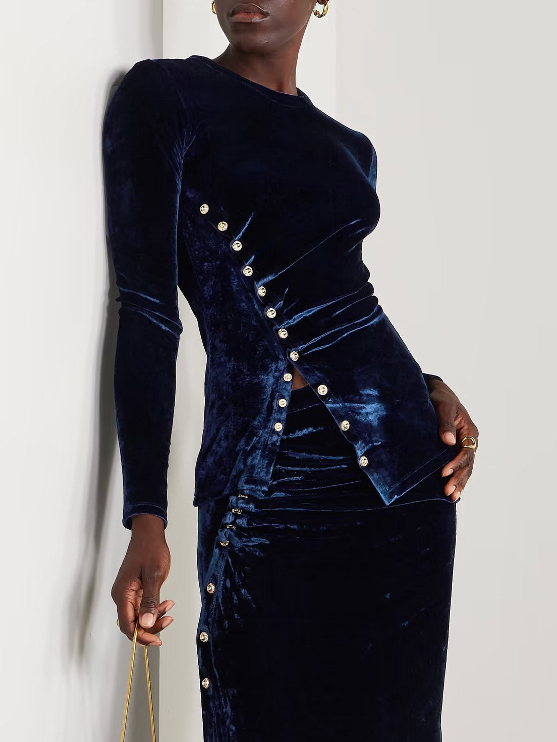 Elegant Pleated Velvet Snap Button T-shirt