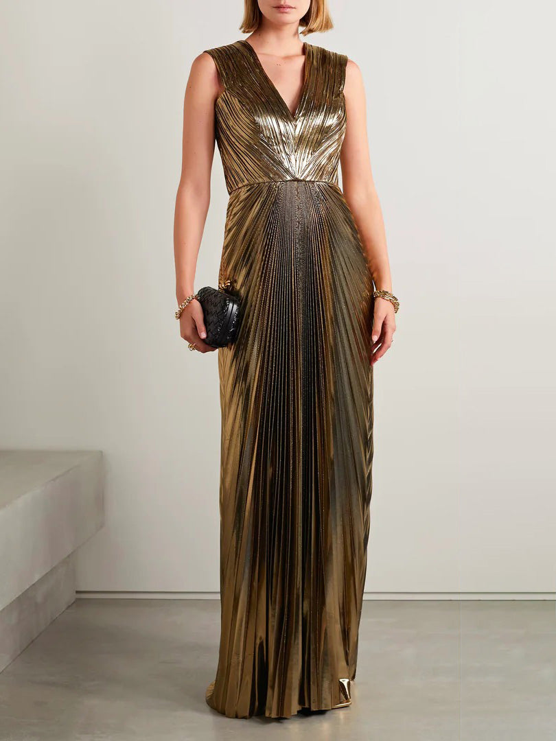 Elegant V-neck Gold Painted Pleated Maxi Dress