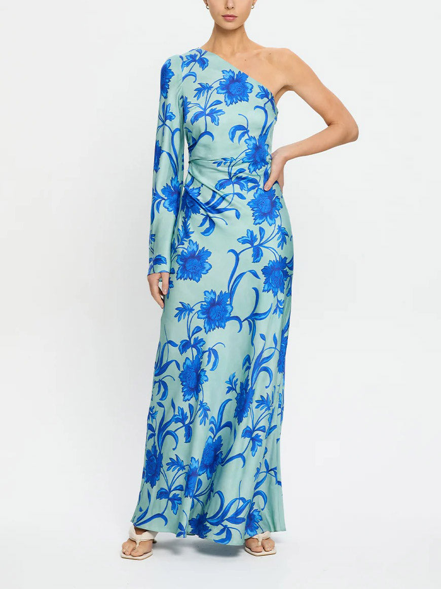 Elegantes, einschultriges, florales, auffälliges, schmal geschnittenes Maxikleid