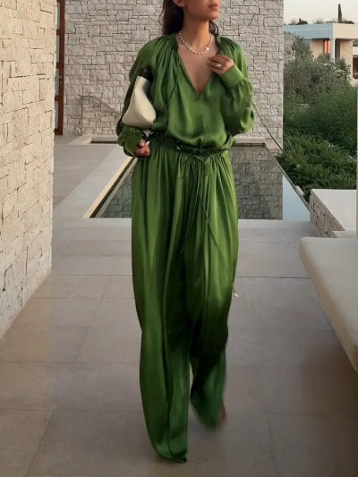 Pantalon large élégant en satin avec cordon de serrage