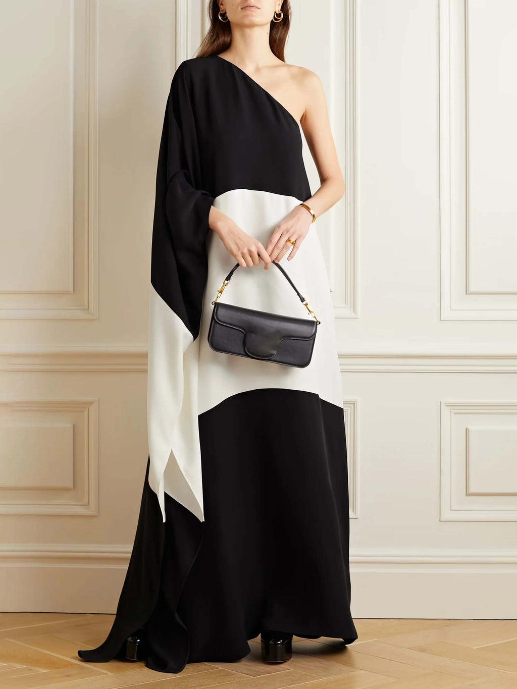 Elegant One-Shoulder Color-Block Draped Maxi Dress