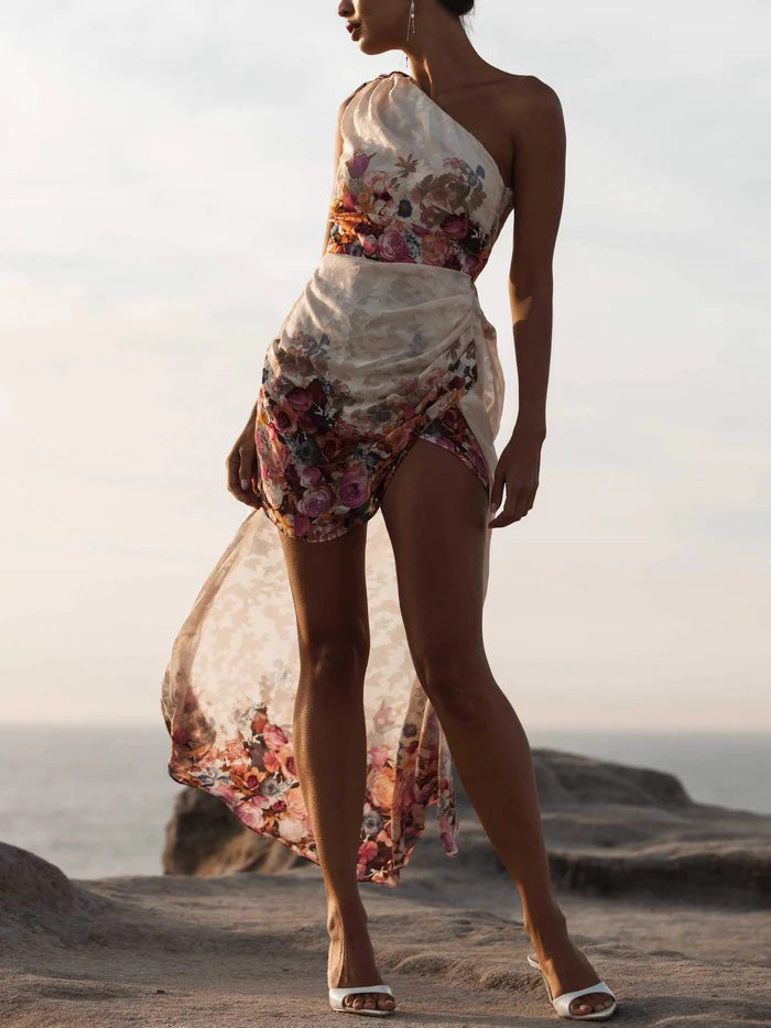 Elegant High-Slit Floral Print Layered Maxi Skirt