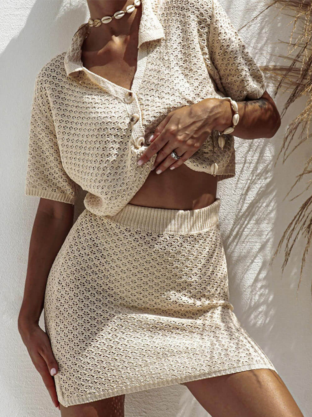 Ensemble jupe tricotée à manches courtes, décontracté et tendance