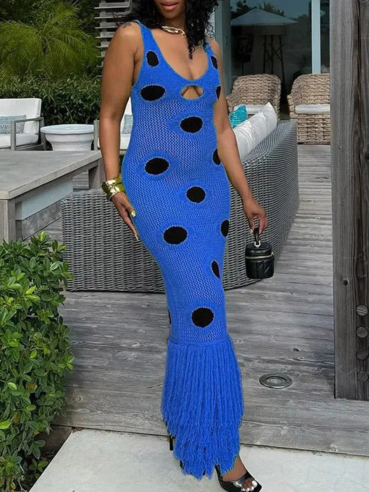 Exquisites gehäkeltes Maxikleid mit Polka Dot-Quaste