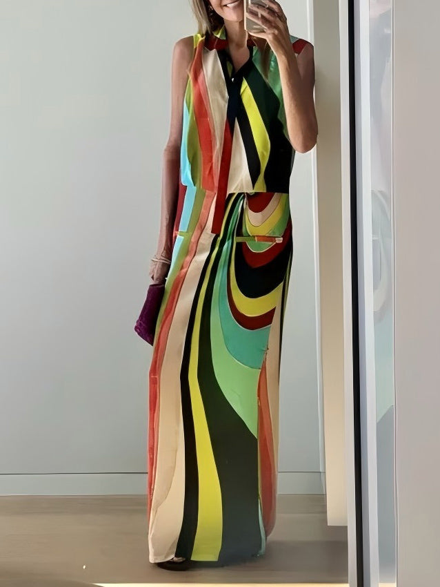 Robe longue sans manches à rayures irrégulières peintes uniques