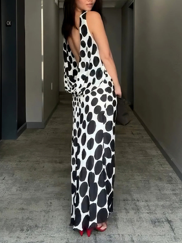 Elegant Gradient Polka Dot Print Backless Maxi Dress