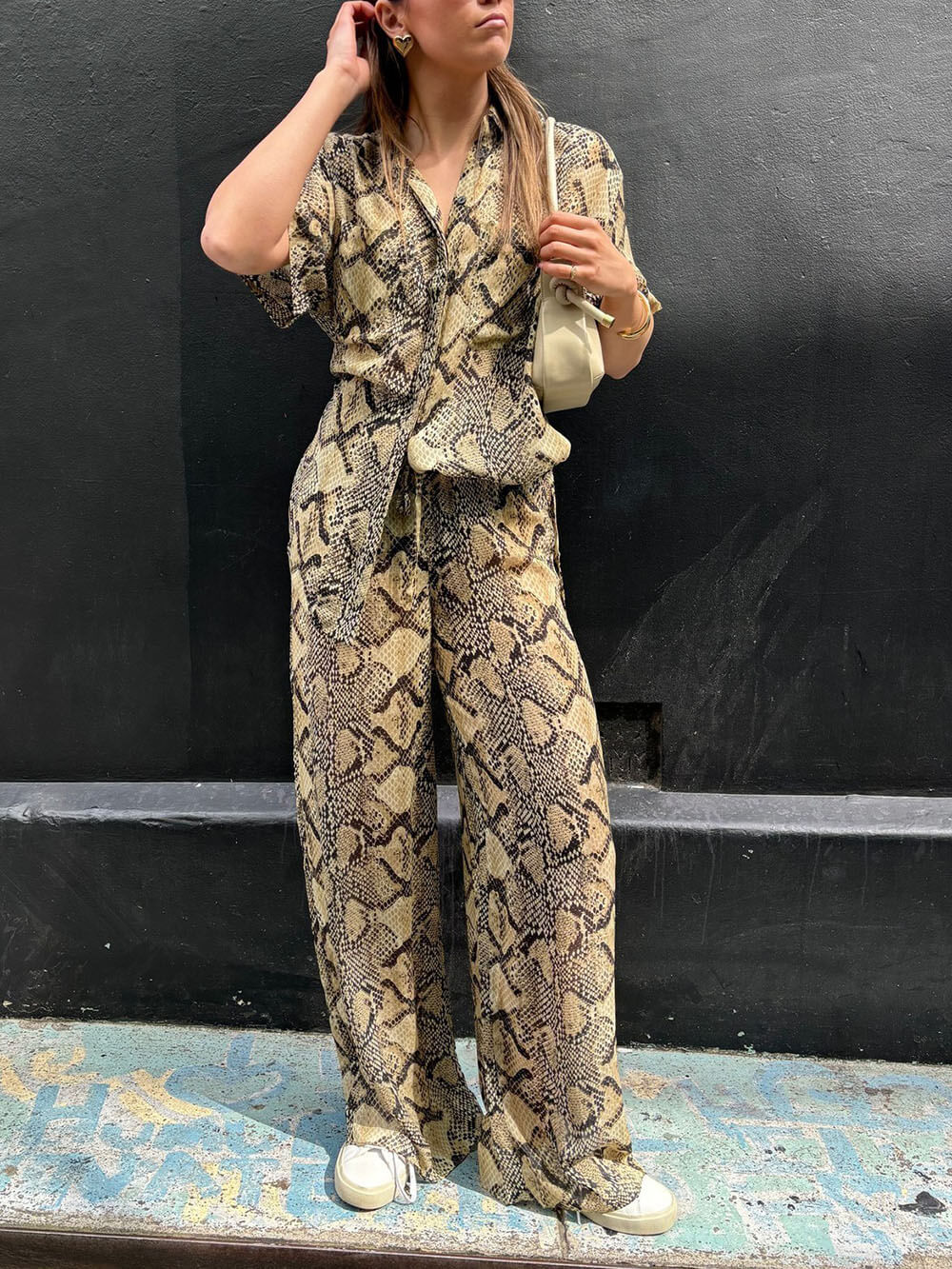 Modern Feel Satin Unique Snake Print Elastic Waist Drawstring Pocket Wide Leg Pants