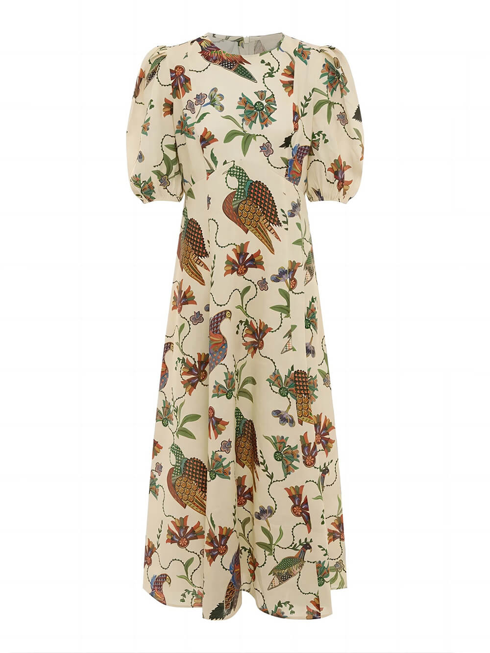 Müheloses, figurbetontes Kleid mit künstlerischem Vogeldruck