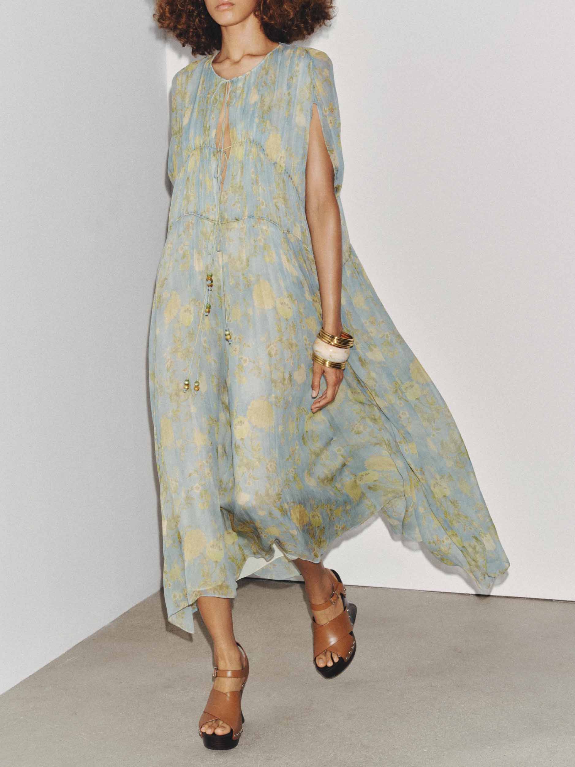 Elegant Floral-print Drawstring Chiffon Maxi Dress