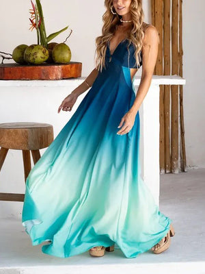 Exquisite Gradient Print V-Neck Flowing Maxi Dress