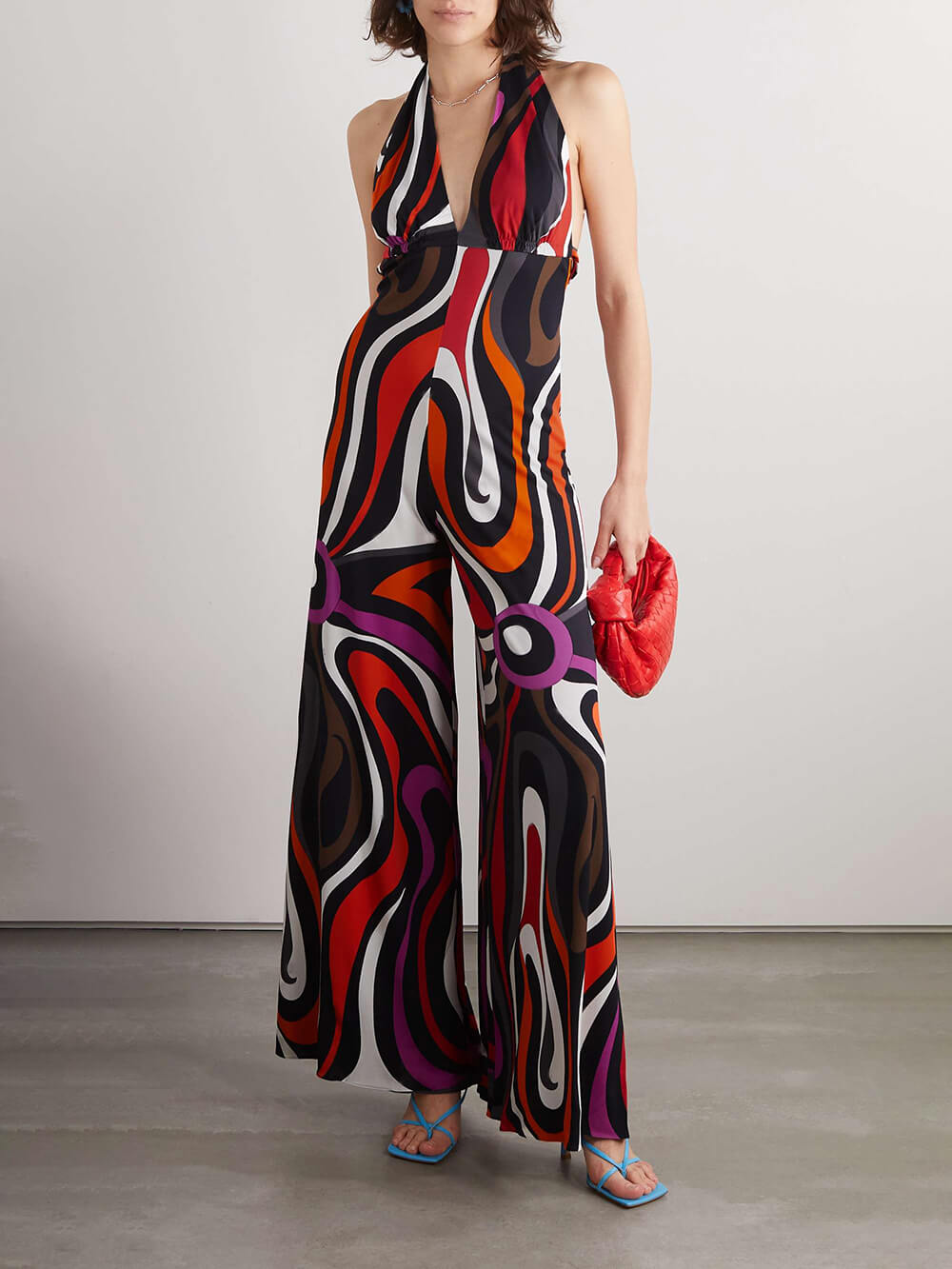 Retro Print Satin Trim Halterneck Jumpsuit