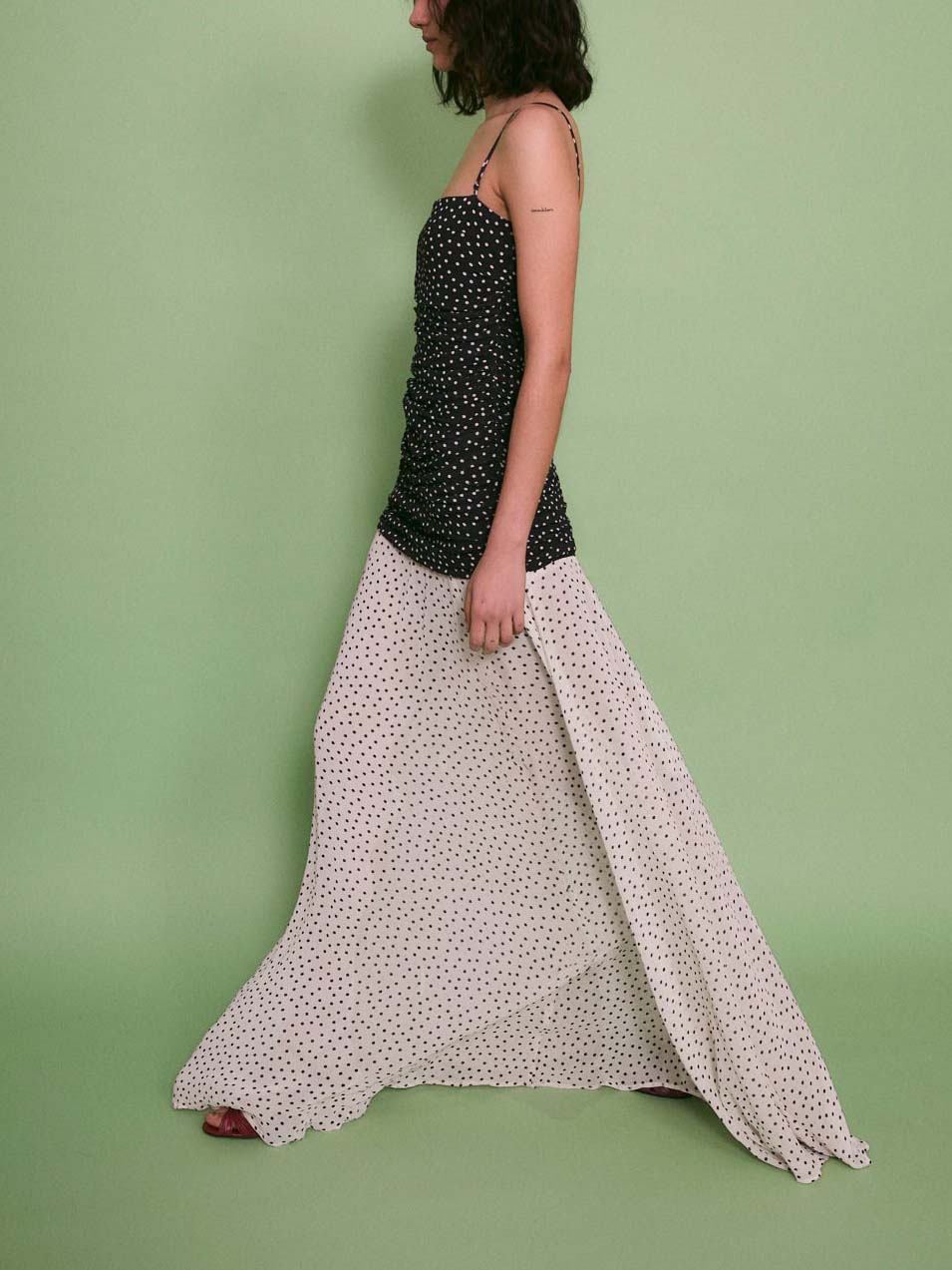 Elegant Contrast Polka Print Chiffon Flowy Maxi Dress