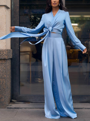 Elegant V-neck Satin Cropped Long-sleeved Shirt