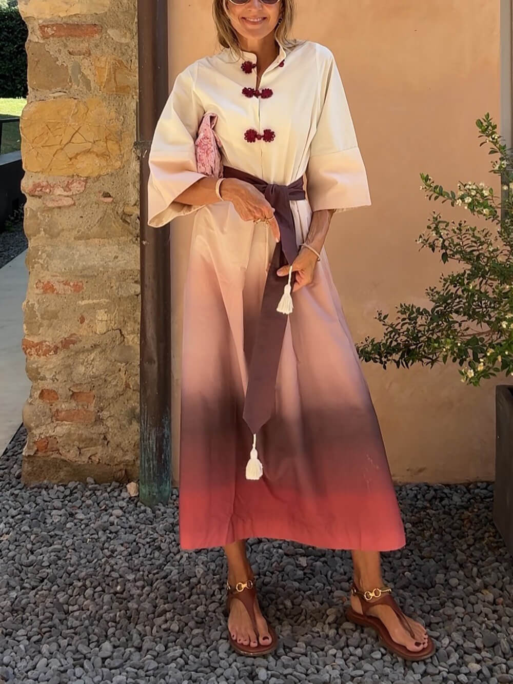 Einzigartiges Midikleid mit Ombre-Print, Gürtel und Dreiviertelärmeln