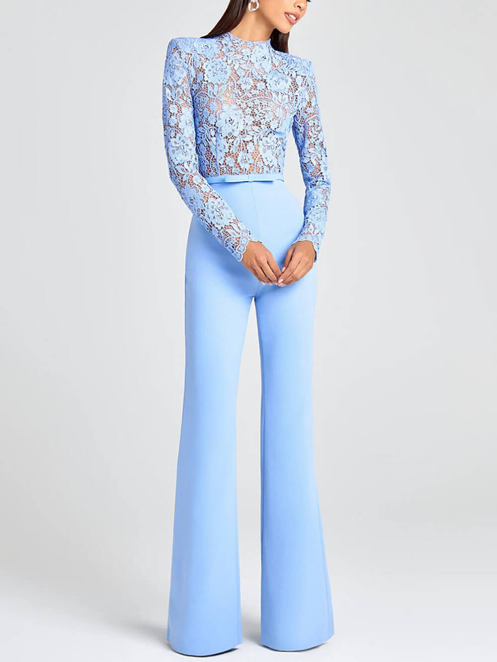 Combinaison évasée élégante en dentelle à fleurs et patchwork, manches longues, nœud et ceinture