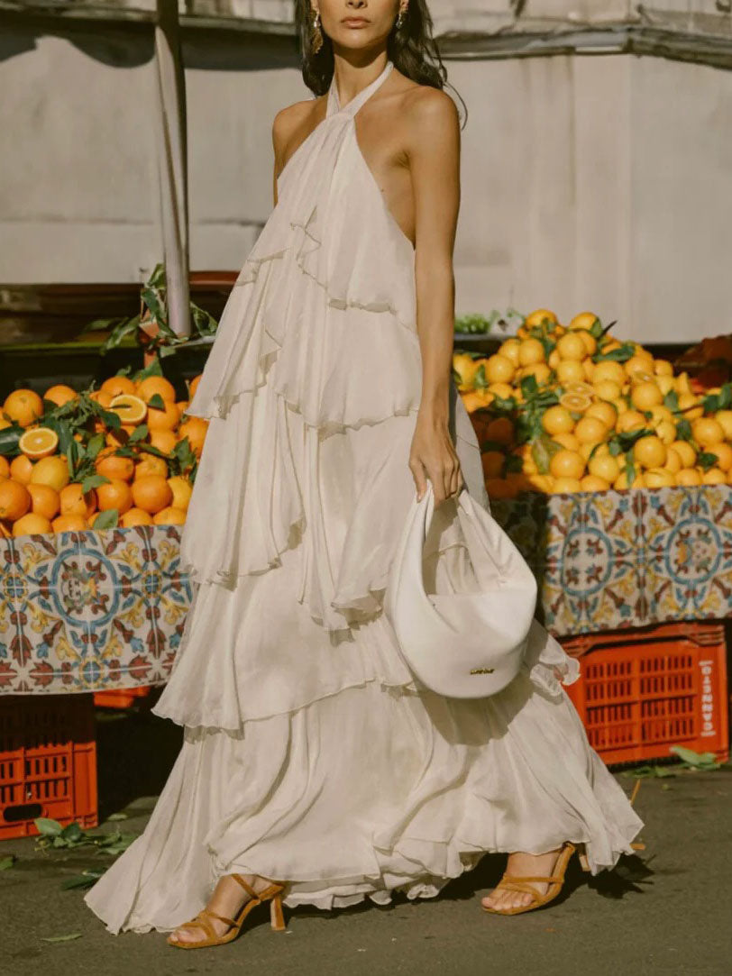 Elegant Halterneck Ruffled Tiered Maxi Dress