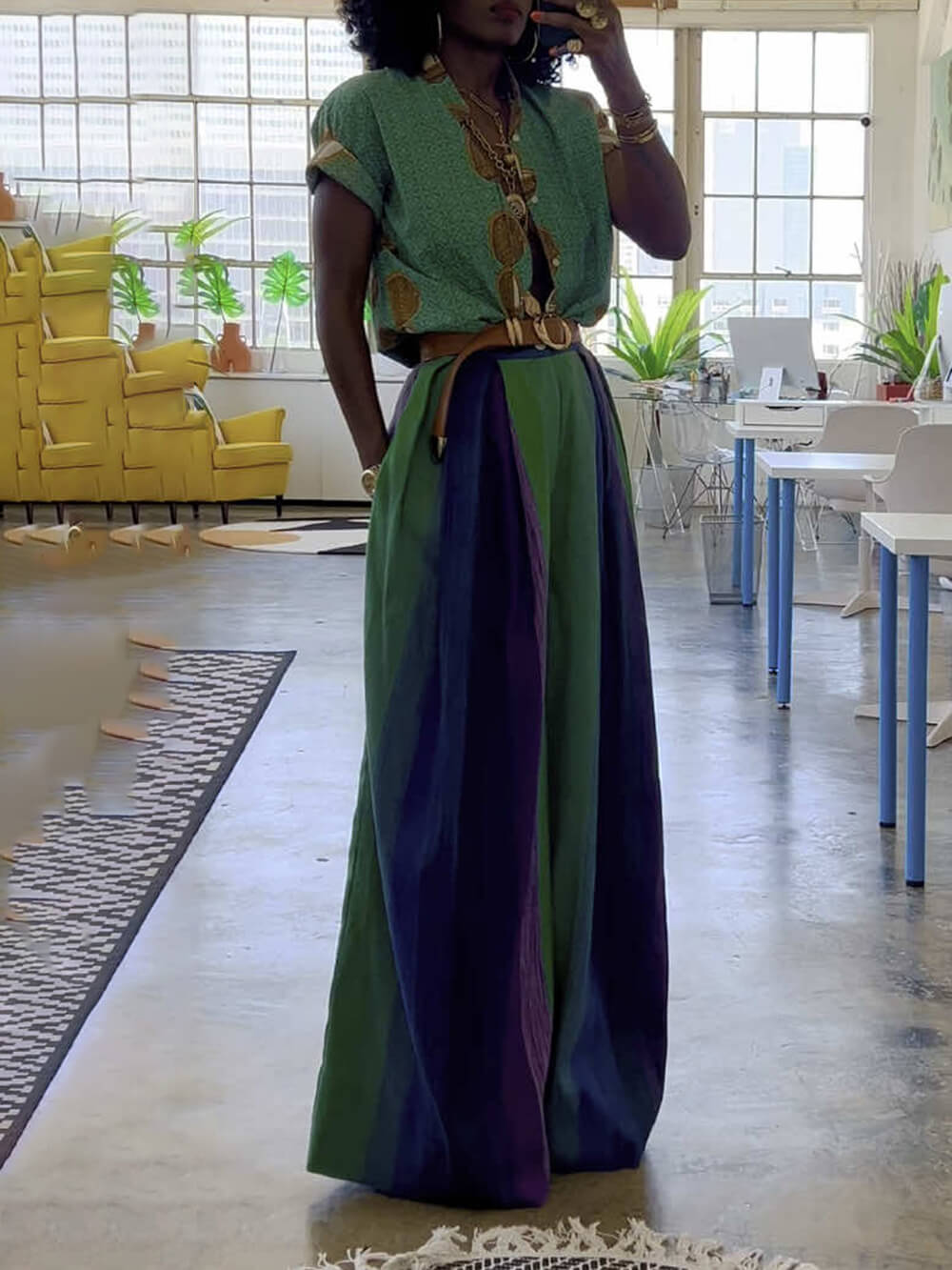 Lässige Retro-Hose mit kontrastierendem Colorblock und weitem Bein