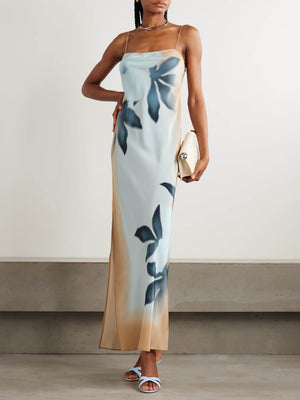 Robe longue fendue à imprimé floral unique et col licou