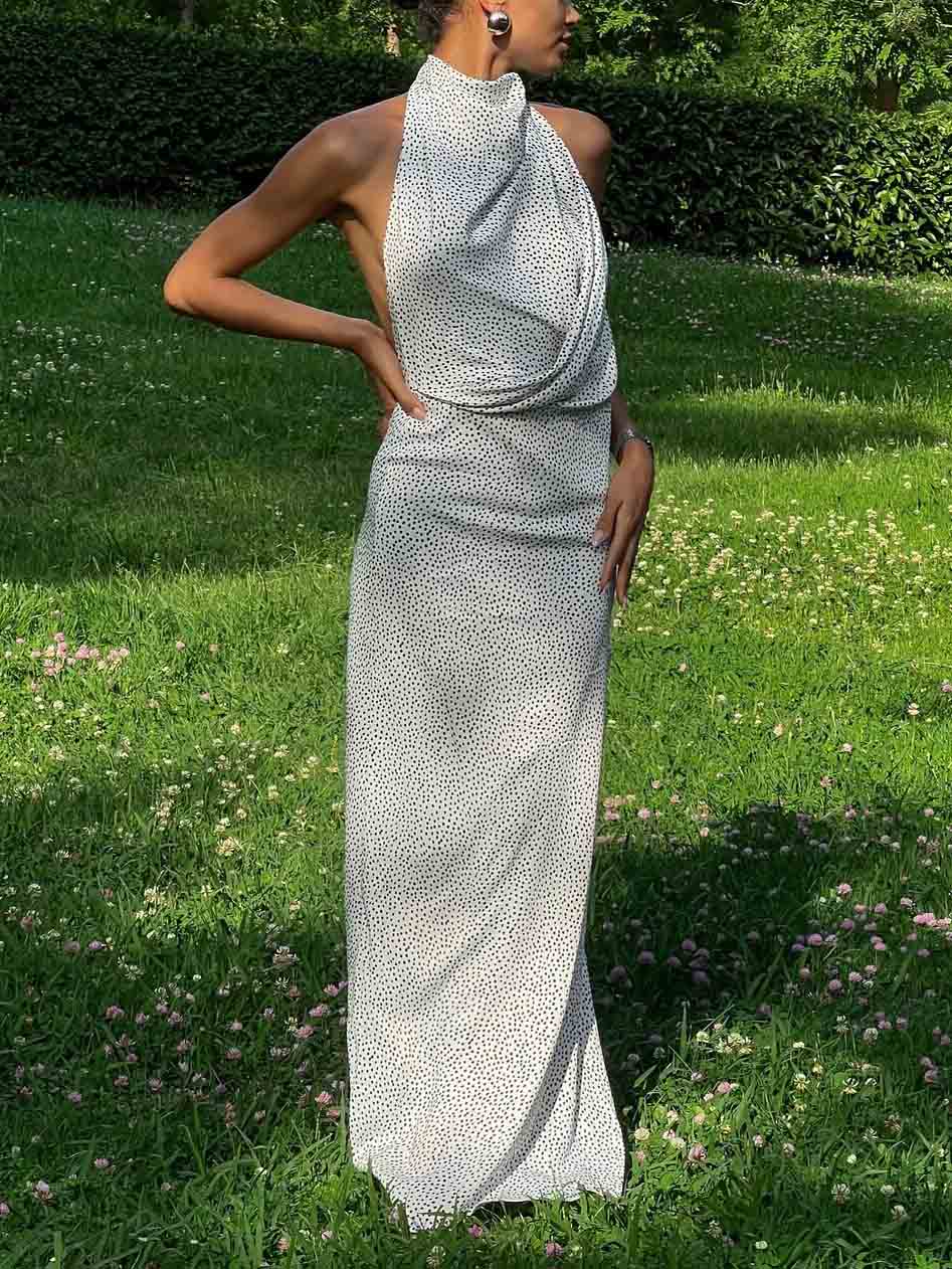 Elegant Halterneck Black Polka Dot White Maxi Dress