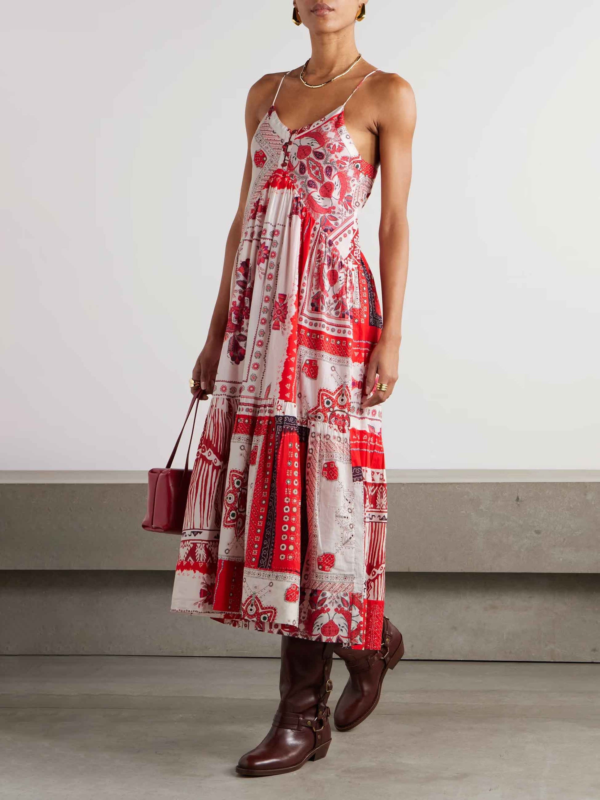 Robe longue décontractée à bretelles et imprimé ethnique bohème