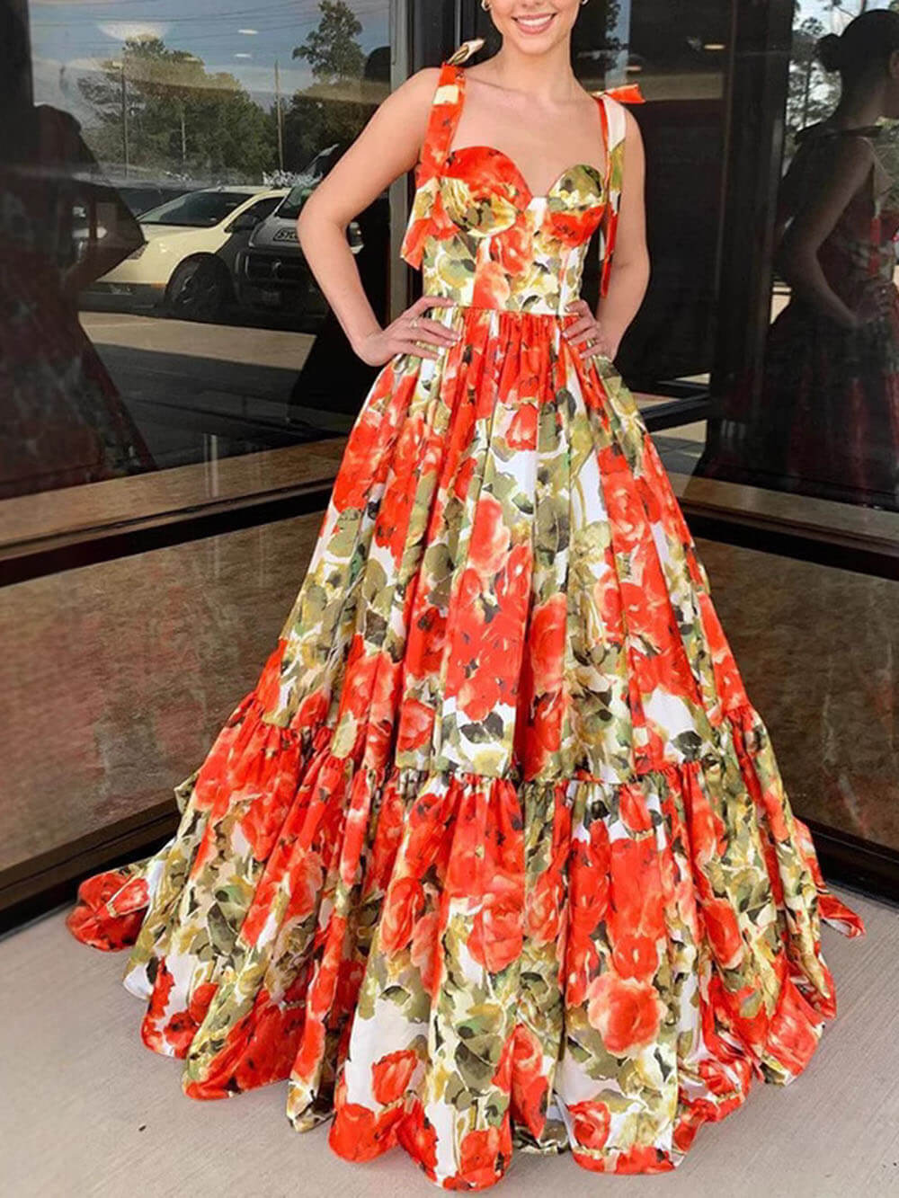 Robe longue trapèze élégante et sexy à imprimé floral, dos nu, volants et lien haut