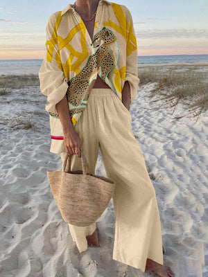 Ensemble chemise oversize à imprimé léopard et pantalon à taille élastique