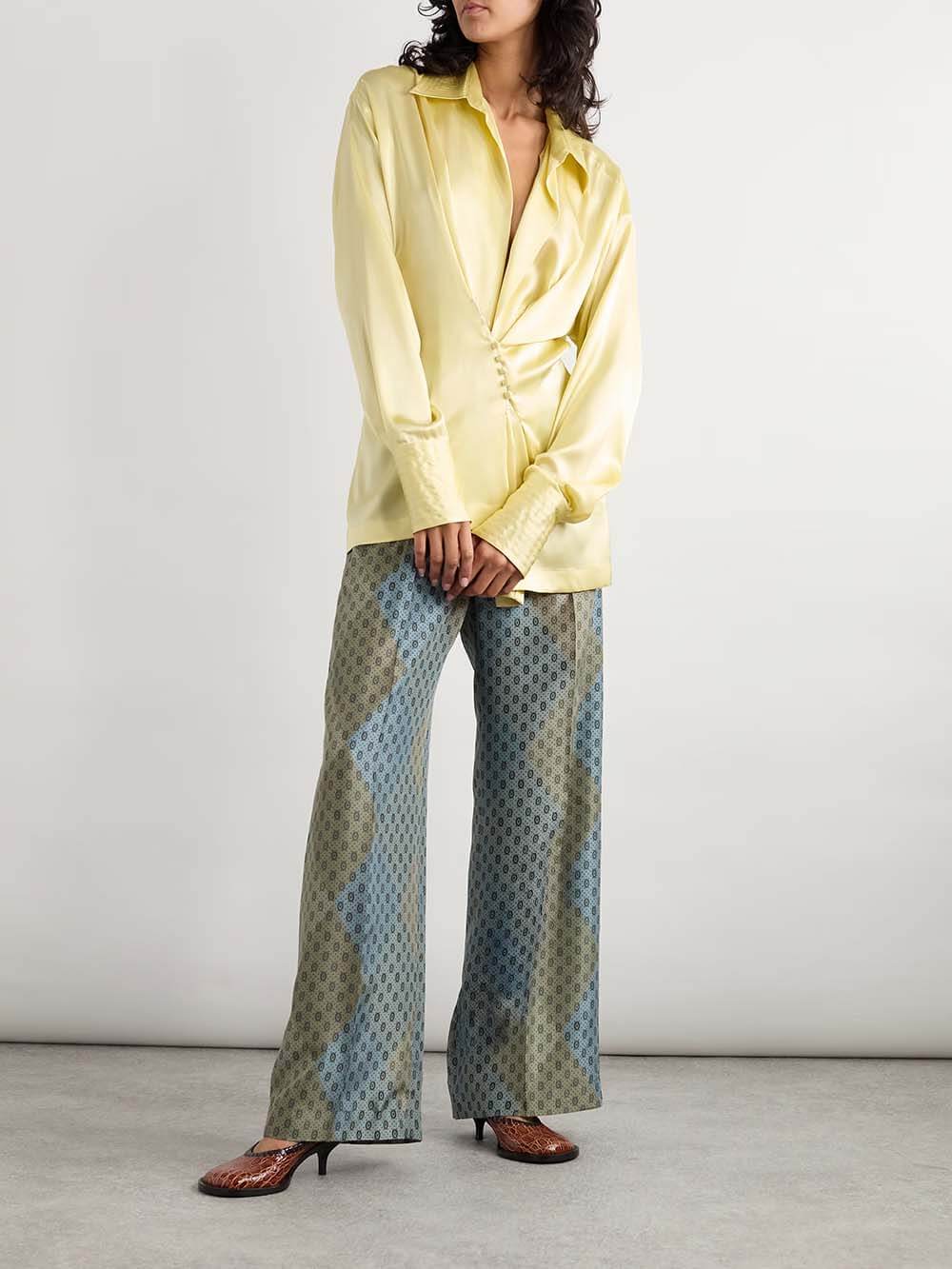 Pantalon droit en satin à imprimé délicat avec cordon de serrage et taille élastique