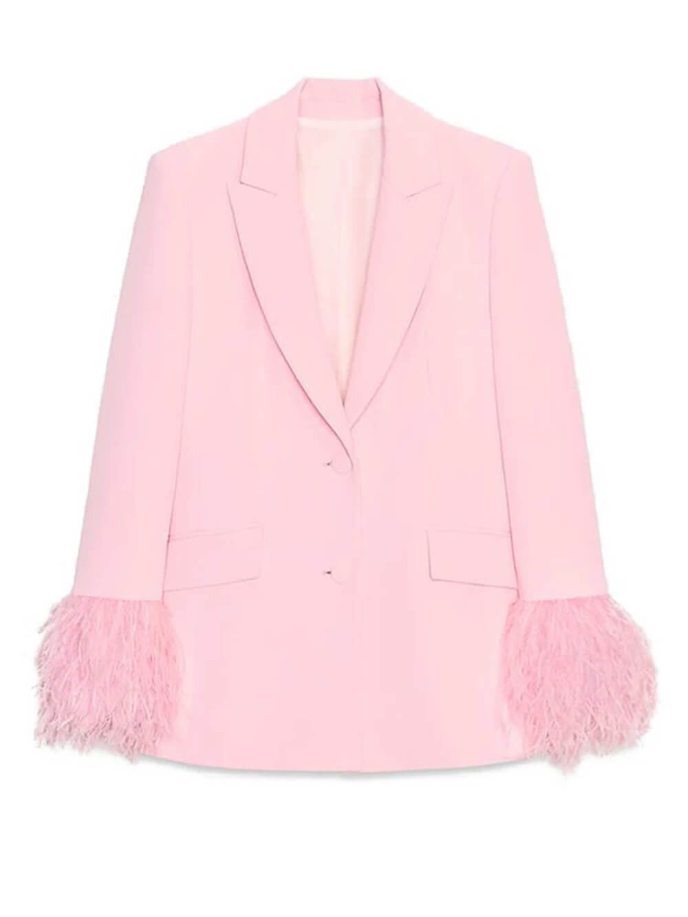Blazer élégant à manches longues et bordure en plumes roses