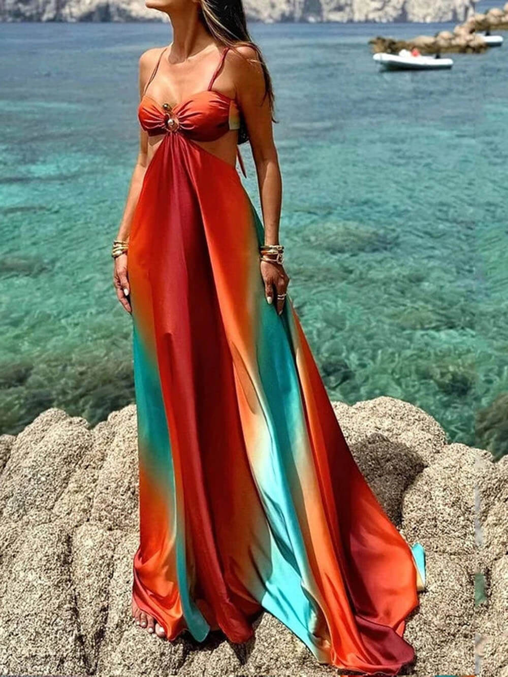 Robe longue à bretelles unique et colorée dégradée