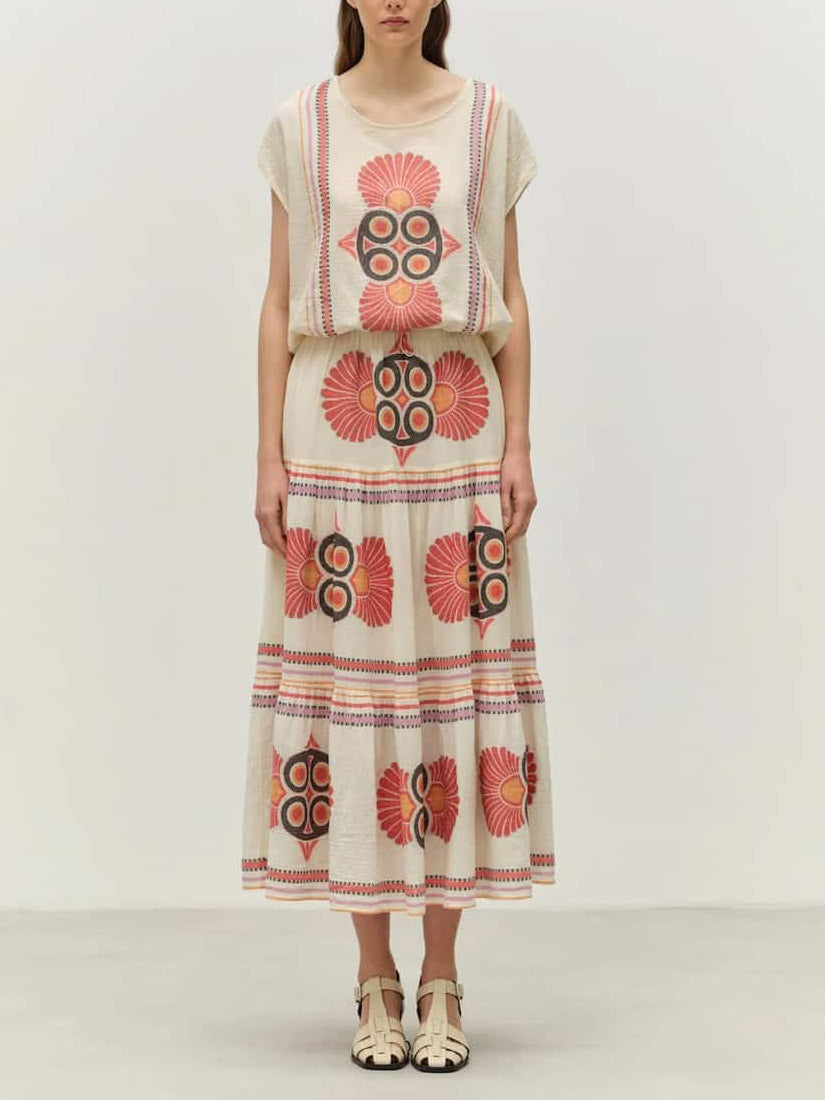 Retro Ethnic Floral Print Cake Skirt