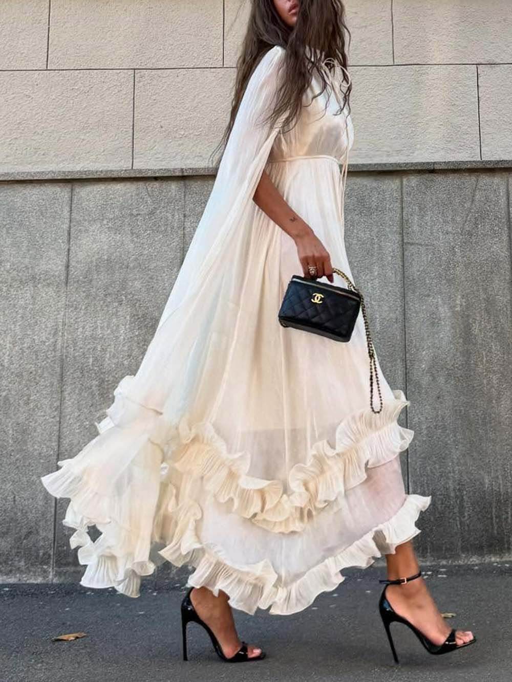 Exquisite Fashionable V-neck Lace-up Ruffled Double-layer Hem Maxi Dress