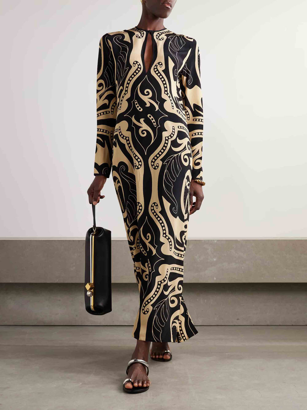 Robe longue à manches longues et imprimé botanique rétro