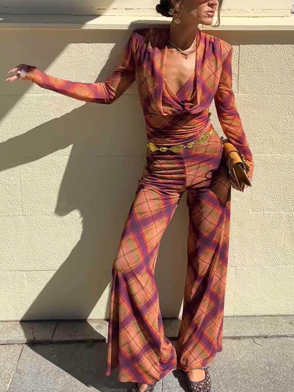 Unique Plaid Print Sheer V-Neck Top