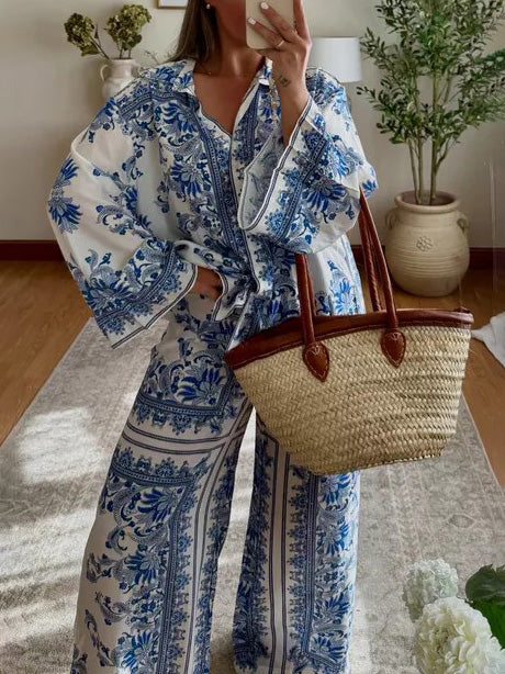 Elegant Porcelain Print Long Sleeve Shirt