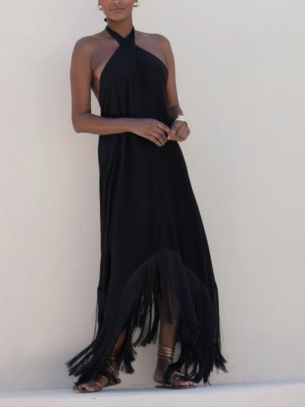 Elegant Halterneck Irregular Tassel Maxi Dress