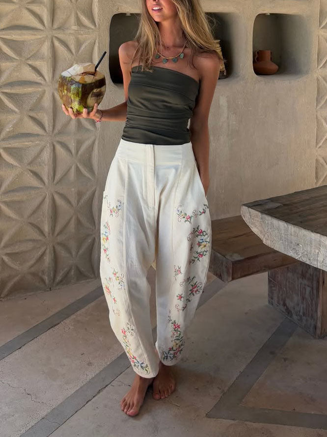Lässige, hoch taillierte, lockere Hose mit Blumenmuster